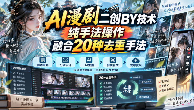 AI漫剧二创搬运技术,纯手法操作,融合20种去重手法-小灰云创