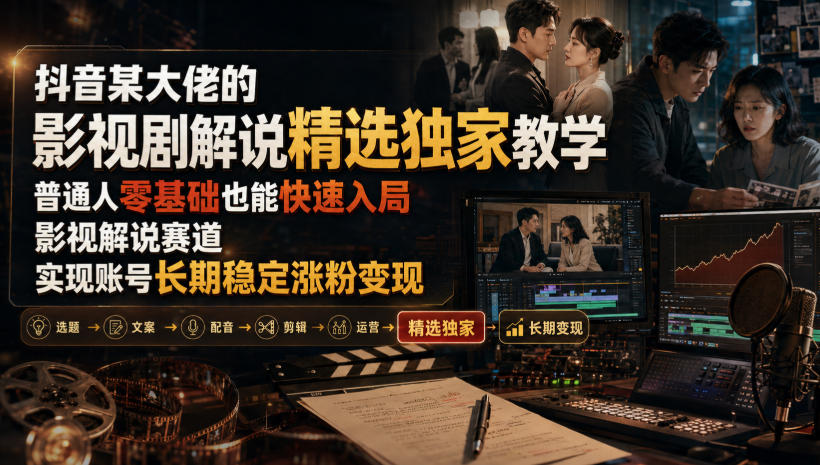 抖音某大佬的影视剧解说精选独家教学，普通人零基础也能快速入局影视解说赛道，实现账号长期稳定变现-小灰云创