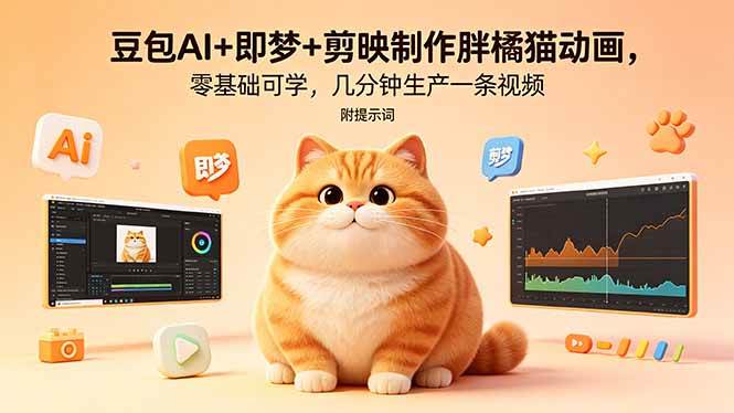 （18431期）豆包AI+即梦+剪映制作胖橘猫动画，零基础可学，几分钟生产一条视频，附提示词-小灰云创