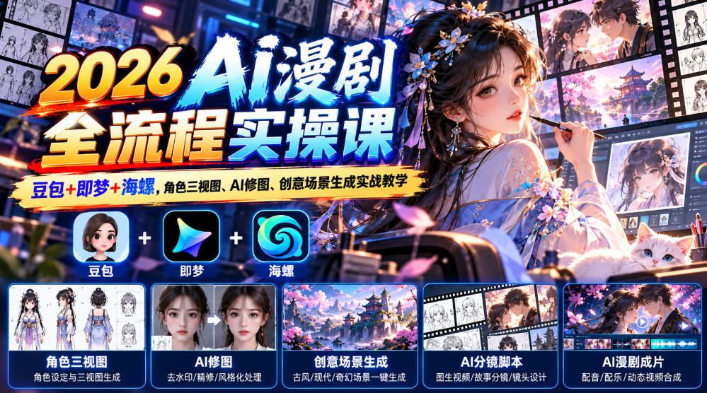 【无水印】2026 AI漫剧全流程实操课｜豆包+即梦+海螺，角色三视图、AI修图、创意场景生成实战教学-小灰云创