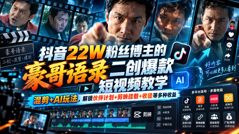 抖音22W粉丝博主的豪哥语录二创爆款短视频教学，混剪+AI玩法，解锁伙伴计划+剪映挂载+收徒等多种收益-小灰云创