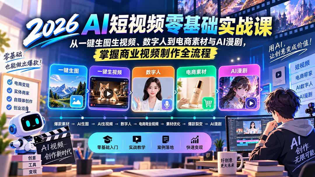 （20263期）2026AI短视频零基础实战课：从一键生图生视频、数字人到电商素材与AI漫剧，掌握商业视频制作全流程-小灰云创