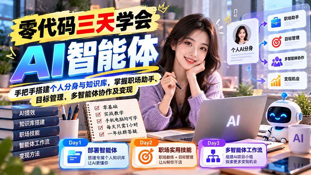 (20978期)【无水印】零代码三天学会AI智能体:手把手搭建个人分身与知识库,掌握职场助手、目标管理、多智能体协作及变现-小灰云创