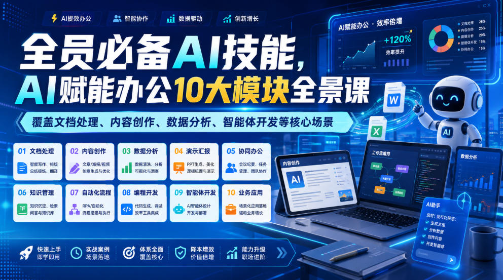 全员必备AI技能,AI赋能办公10大模块全景课,覆盖文档处理、内容创作、数据分析、智能体开发等核心场景-小灰云创