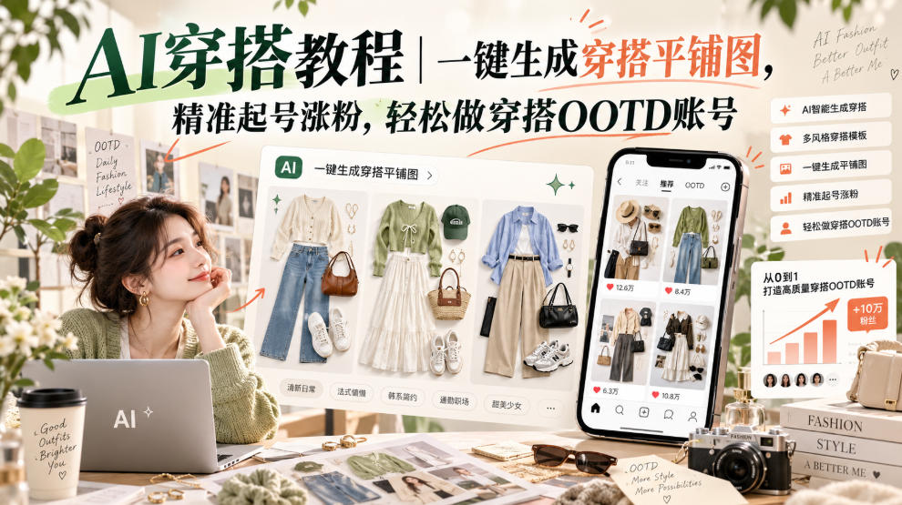 AI穿搭教程｜一键生成穿搭平铺图，精准起号涨粉，轻松做穿搭OOTD账号-小灰云创