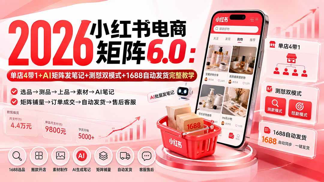 （20310期）2026小红书电商矩阵6.0：单店4带1+AI矩阵发笔记+测怼双模式+1688自动发货完整教学-小灰云创