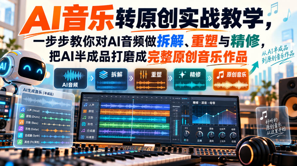 AI音乐转原创实战教学,一步步教你对AI音频做拆解、重塑与精修,把AI半成品打磨成完整原创音乐作品-小灰云创