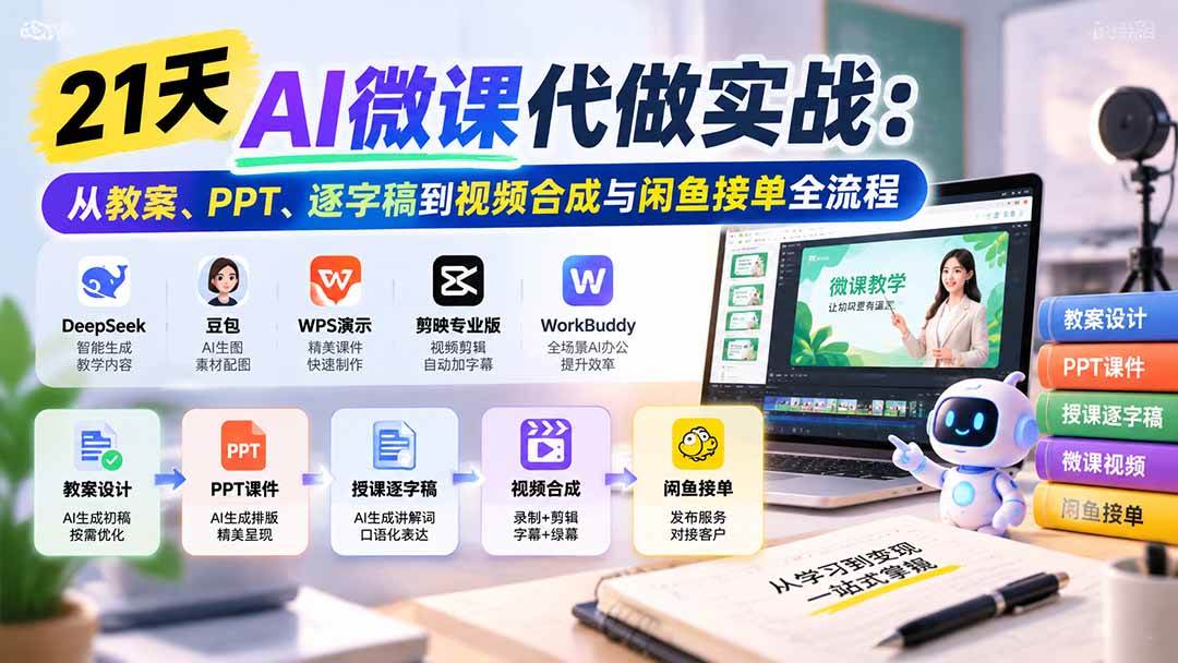 （21065期）21天AI微课代做实战：从教案、PPT、逐字稿到视频合成与闲鱼接单全流程-小灰云创