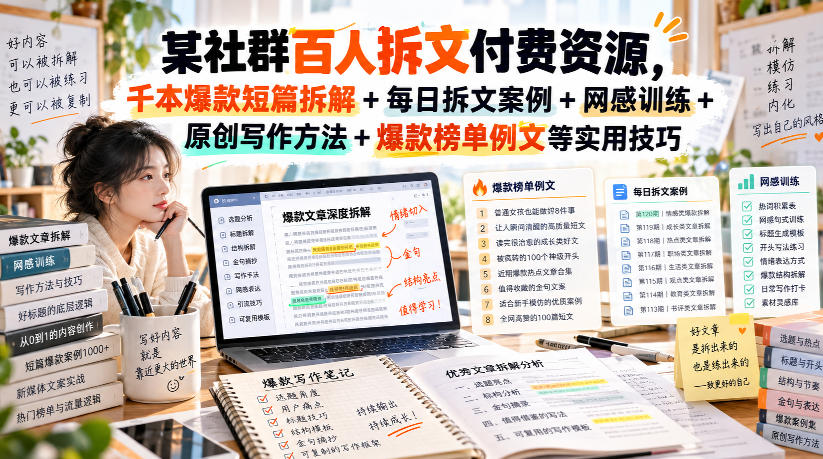 某社群百人拆文付费资源,千本爆款短篇拆解+每日拆文案例+网感训练+原创写作方法+爆款榜单例文等实用技巧(持续更新)-小灰云创