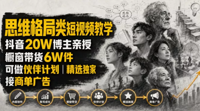 人性思维格局类短视频教学,抖音20W博主亲授,橱窗带货6W件,可做伙伴计划、精选独家、接商单广告-小灰云创