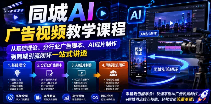 同城AI广告视频教学课程,从基础理论、分行业广告脚本、AI成片制作到同城引流闭环一站式讲透-小灰云创