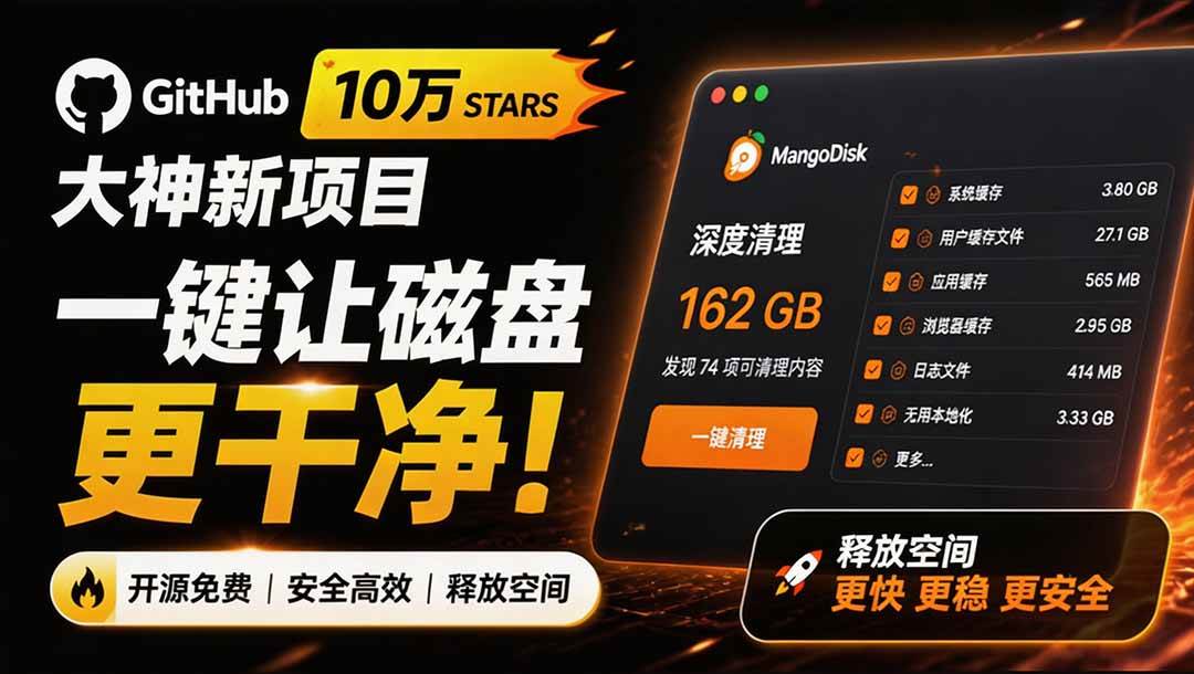 (19894期)在Gtihub上做出10万 stars 的大神,又发布新项目了!一键让磁盘更干净,开源免费清理工具 MangoDisk-小灰云创