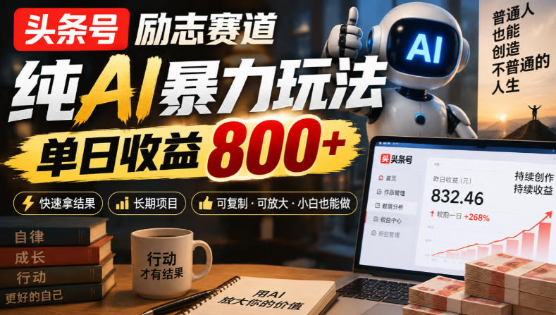 头条号励志赛道，纯AI暴力玩法，单日收益800+，快速拿结果，长期项目-小灰云创