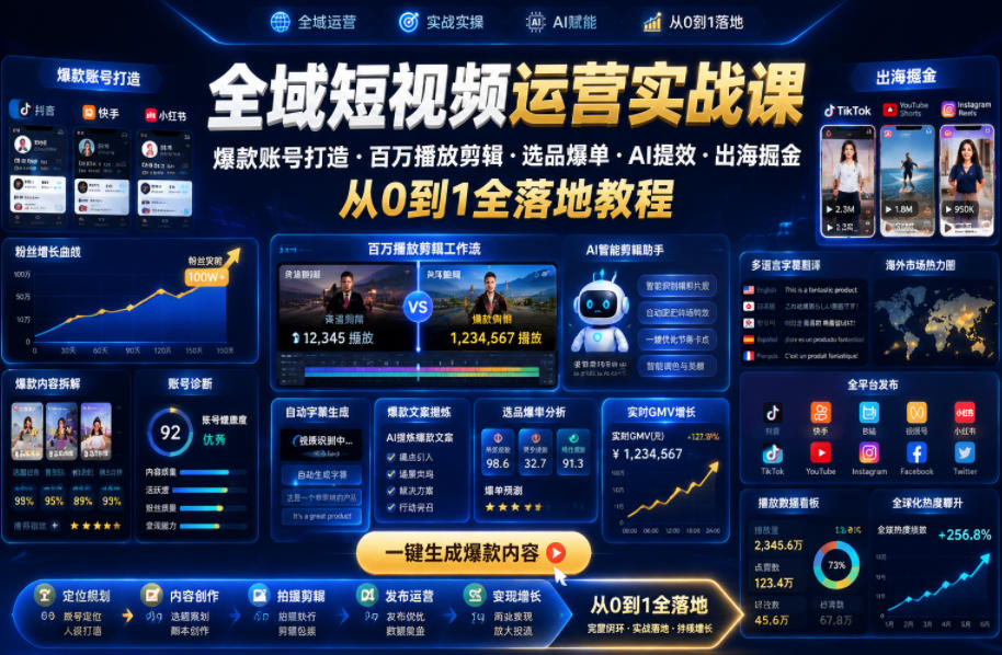 全域短视频运营实战课，爆款账号打造・百万播放剪辑・选品爆单・AI提效・出海掘金，从0到1全落地教程-小灰云创