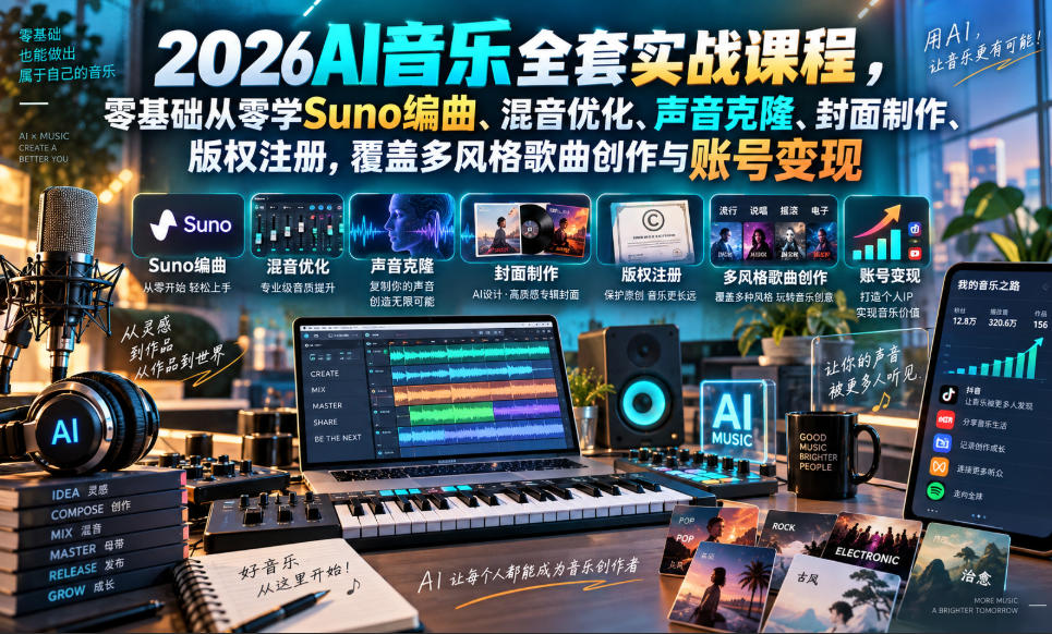 2026AI音乐实战课程，零基础从零学Suno编曲、混音优化、声音克隆、版权注册，覆盖多风格歌曲创作与账号变现-小灰云创