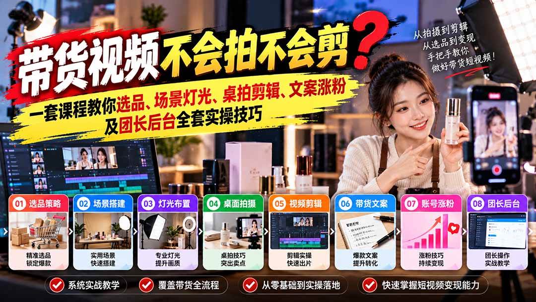 （20980期）带货视频不会拍不会剪？一套课程教你选品、场景灯光、桌拍剪辑、文案涨粉及团长后台全套实操技巧 复制标题-小灰云创