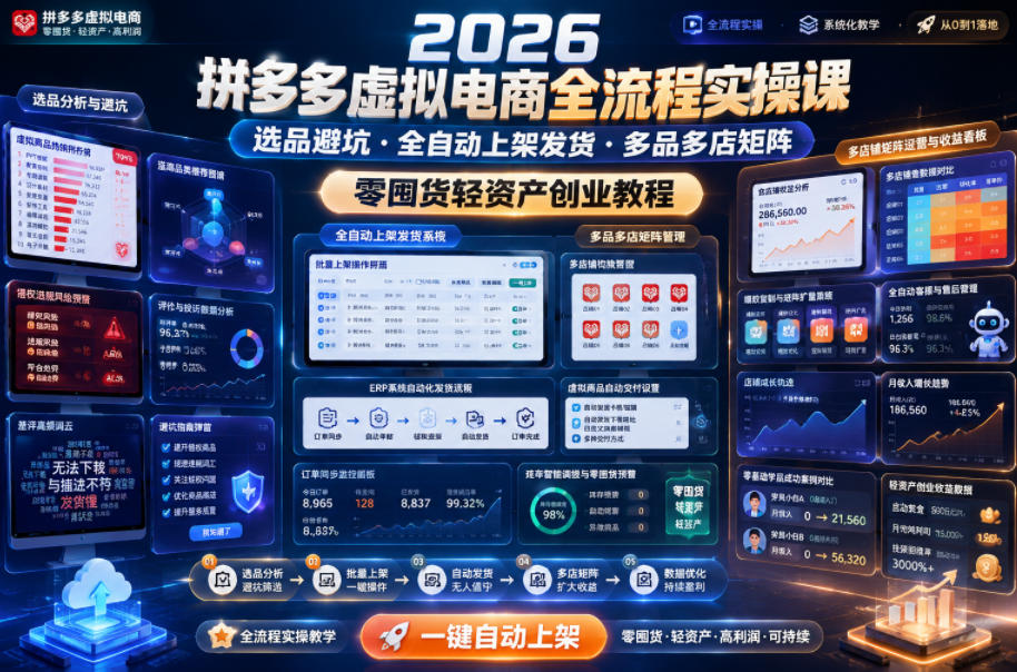 2026拼多多虚拟电商全流程实操课，选品避坑・全自动上架发货・多品多店矩阵，零囤货轻资产创业教程-小灰云创