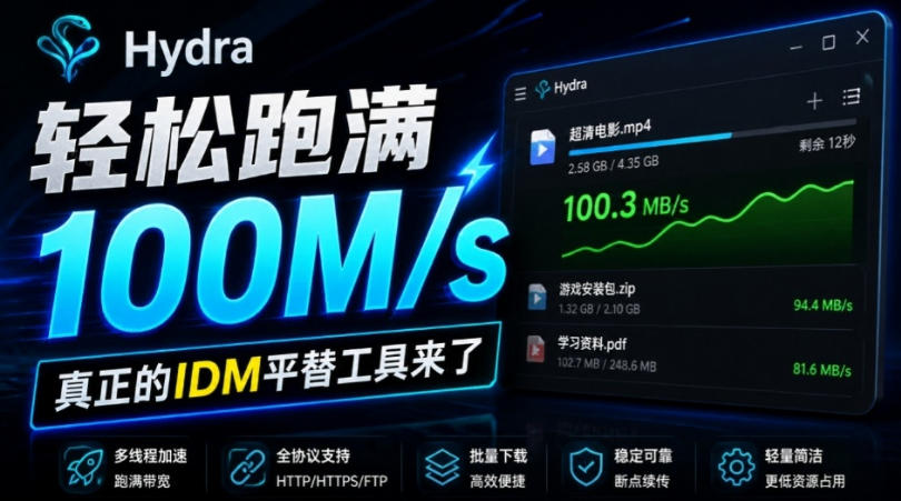 轻松跑满100M/s，真正的IDM平替工具来了，开源多线程器，支持浏览器拓展，一键智能加速Hydra Download Manager-小灰云创