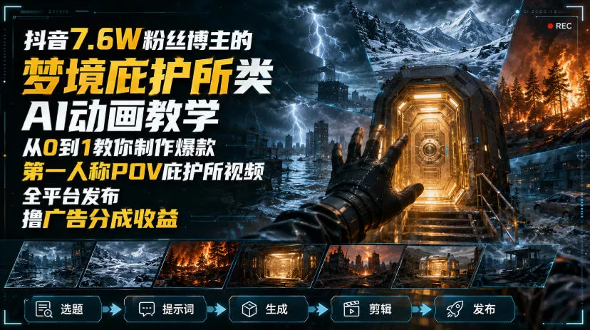 抖音7.6W粉丝博主的梦境庇护所类AI动画教学,从0到1教你制作爆款第一人称POV庇护所视频,全平台发布撸广告分成收益-小灰云创