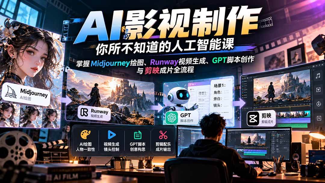 (20681期)AI影视制作-你所不知道的人工智能课,掌握Midjourney绘图、Runway视频生成、GPT脚本创作与剪映成片全流程-小灰云创