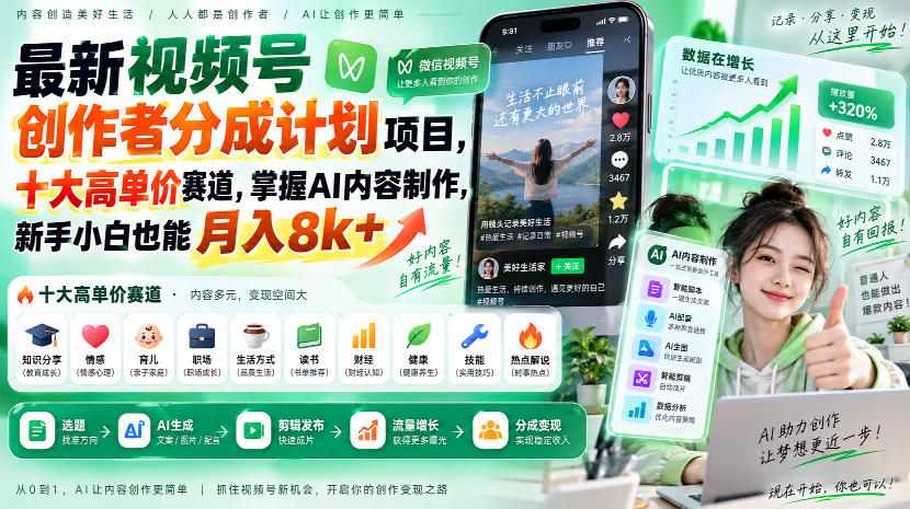 最新视频号创作者分成计划项目，十大高单价赛道，掌握AI内容制作，新手小白也能月入8k+-小灰云创