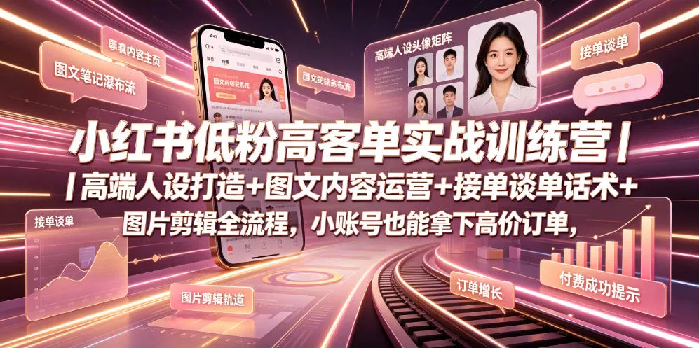小红书低粉高客单实战训练营｜高端人设打造+图文内容运营+接单谈单话术+图片剪辑全流程，小账号也能拿下高价订单-小灰云创
