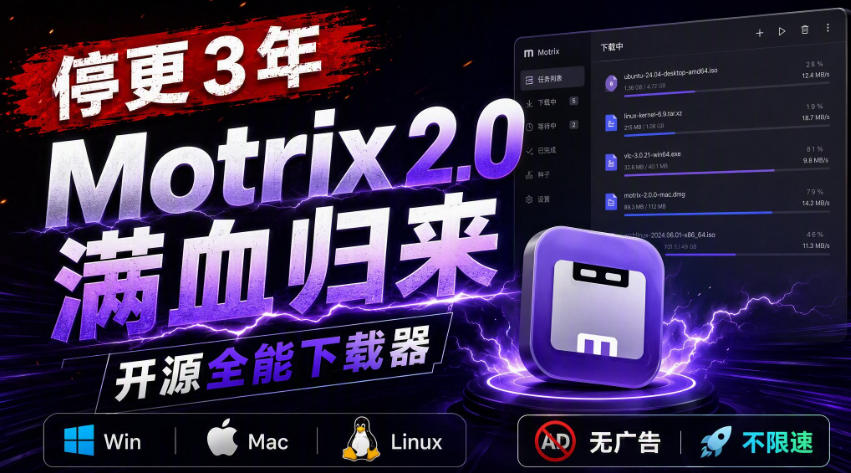 停更3年，Motrix 2.0满血归来：开源全能下载器，Win/Mac/Linux通吃，无广告不限速-小灰云创