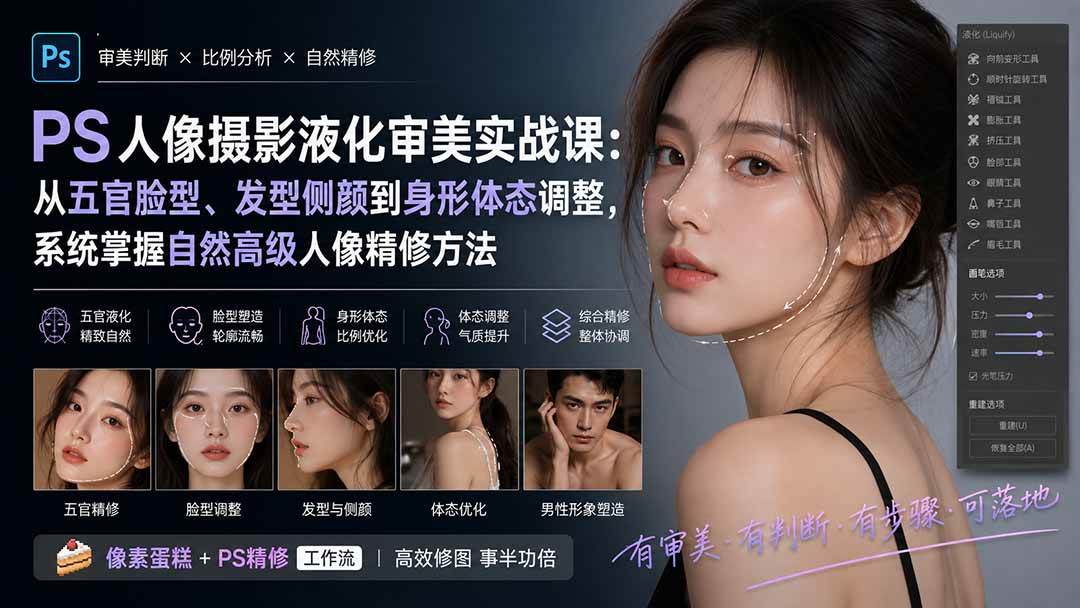 （20062期）PS人像摄影液化审美实战课：从五官脸型、发型侧颜到身形体态调整，系统掌握自然高级人像精修方法-小灰云创