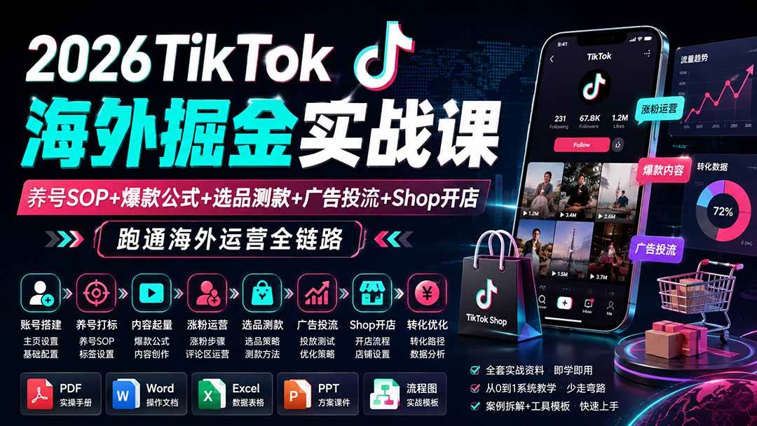 (19973期)2026TikTok海外掘金实战课——养号SOP+爆款公式+选品测款+广告投流+Shop开店,跑通海外运营全链路-小灰云创