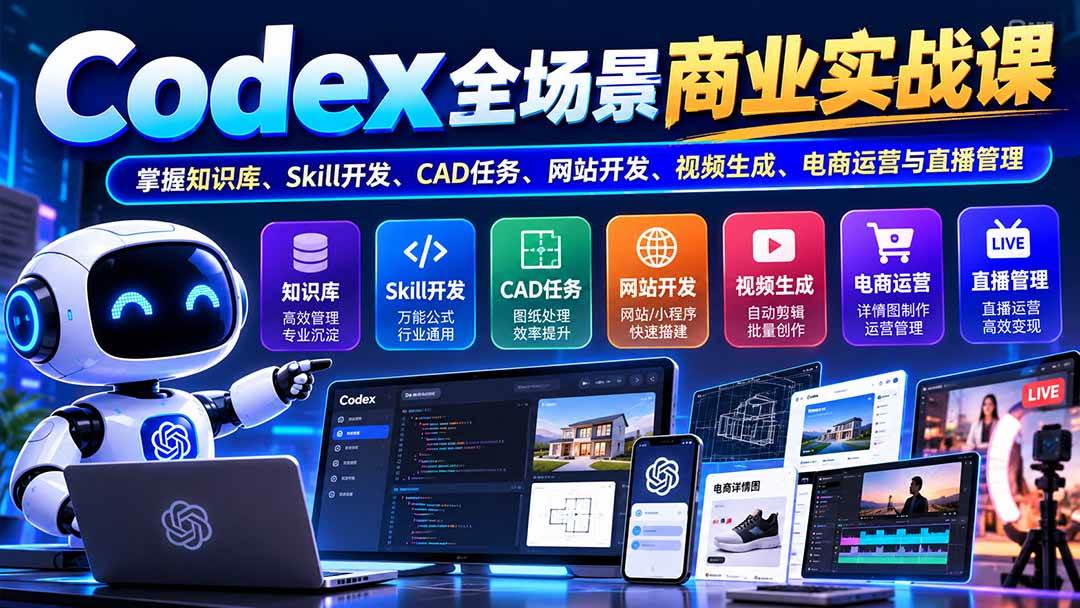 (20712期)【无水印】Codex全场景商业实战课:掌握知识库、Skill开发、CAD任务、网站开发、视频生成、电商运营与直播管理-小灰云创