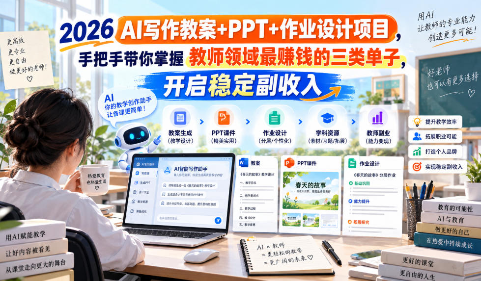2026 AI写作教案+PPT+作业设计项目，手把手带你掌握教师领域最賺钱的三类单子，开启稳定副收入-小灰云创