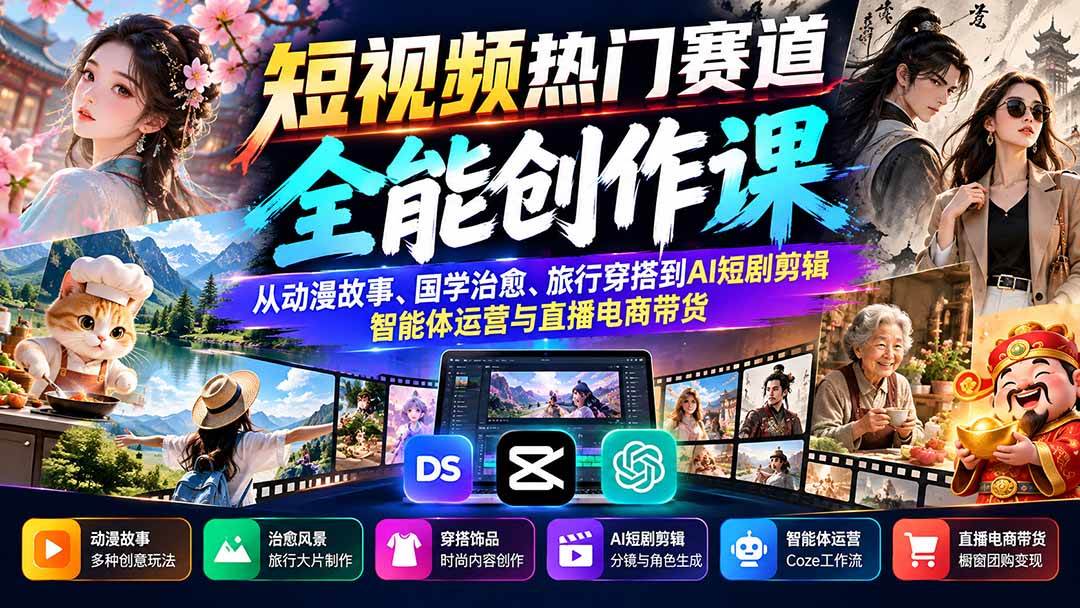 (20956期)短视频热门赛道全能创作课:从动漫故事、国学治愈、旅行穿搭到AI短剧剪辑、智能体运营与直播电商带货-小灰云创