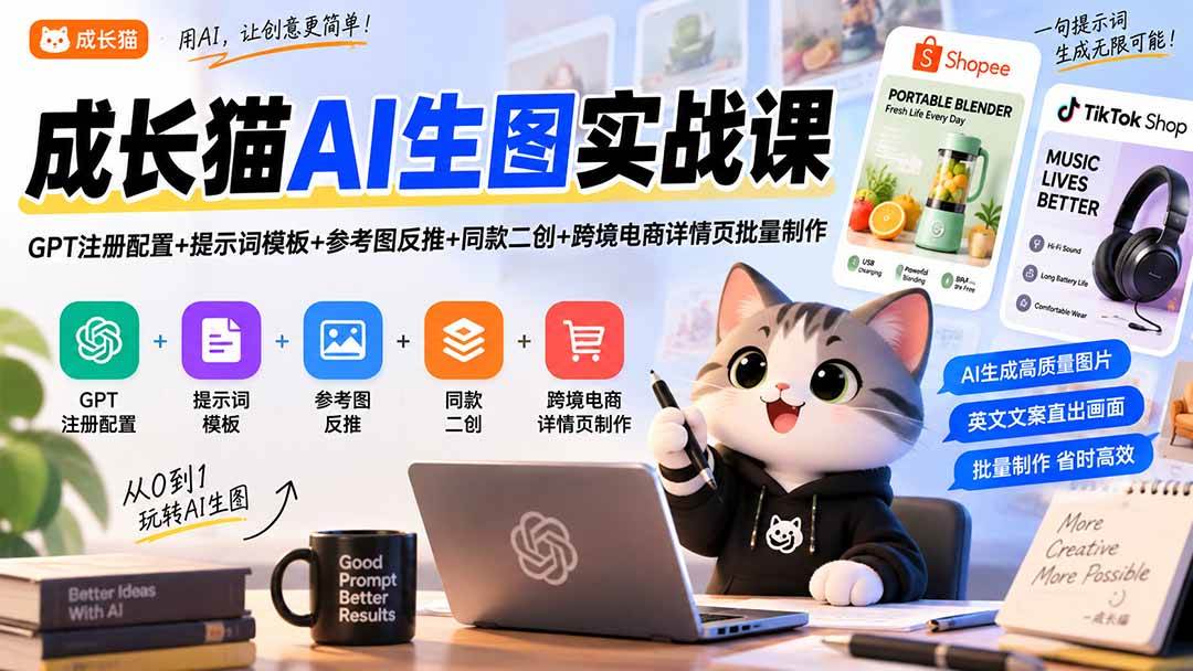 (20482期)成长猫AI生图实战课|GPT注册配置+提示词模板+参考图反推+同款二创+跨境电商详情页批量制作-小灰云创