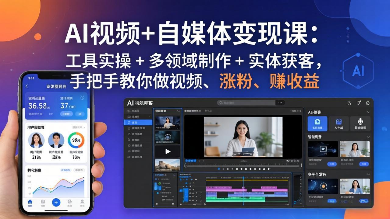 AI视频+自媒体变现课:工具实操 + 多领域制作 + 实体获客,手把手教你做视频、涨粉、赚收益-小灰云创