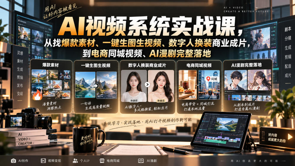 AI视频系统实战课，从找爆款素材、一键生图生视频、数字人换装商业成片，到电商同城视频、AI漫剧完整落地-小灰云创