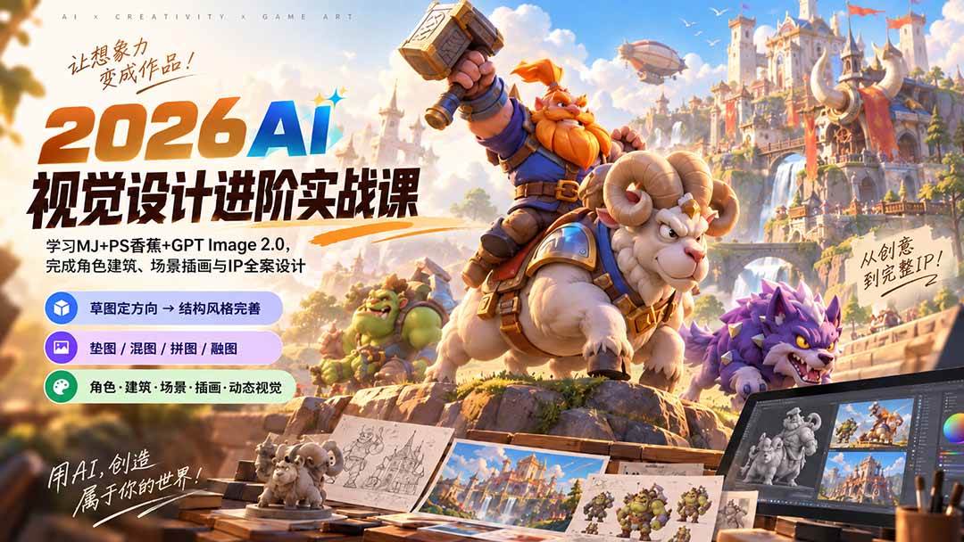 (20852期)2026AI视觉设计进阶实战课-更新1007:学习MJ+PS香蕉+GPT Image 2.0,完成角色建筑、场景插画与IP全案设计-小灰云创