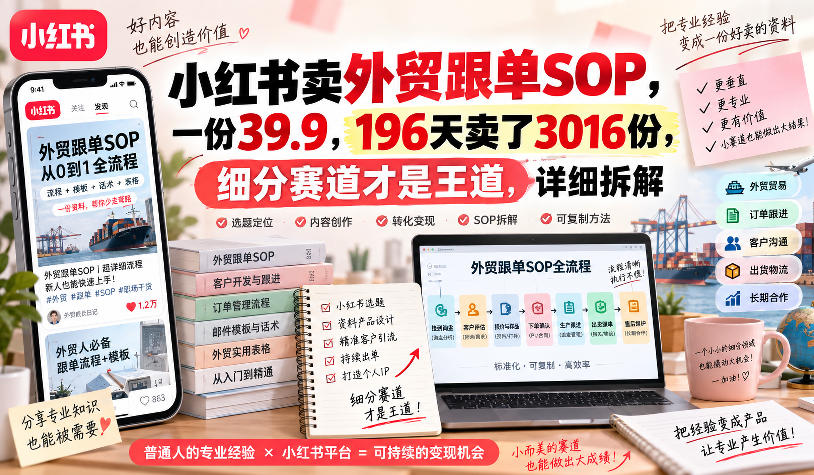 小红书卖外贸跟单sop,一份39.9,196天卖了3016份,细分赛道才是王道,详细拆解-小灰云创