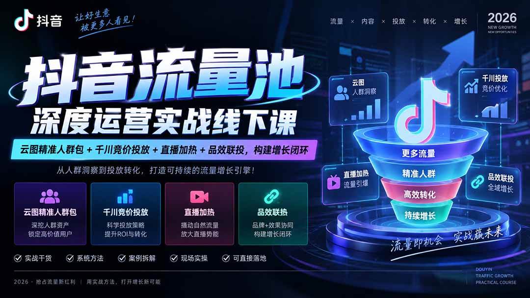（20598期）抖音流量池深度运营实战线下课｜云图精准人群包+千川竞价投放+直播加热+品效联投，构建增长闭环-小灰云创