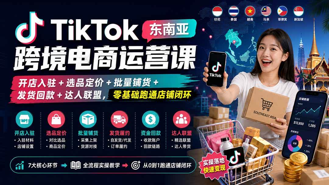 （20059期）TikTok东南亚跨境电商运营课：开店入驻+选品定价+批量铺货+发货回款+达人联盟，零基础跑通店铺闭环-小灰云创