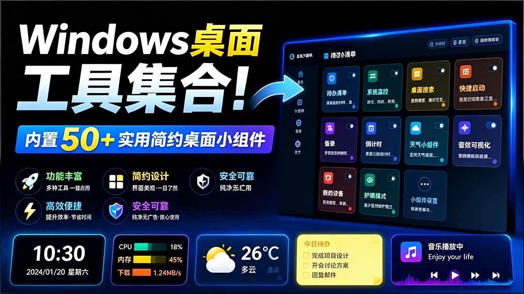 （19585期）Windows桌面工具集合！内置50+实用简约桌面小组件，含截图、录屏、翻译、天气等，多秘工具箱-小灰云创