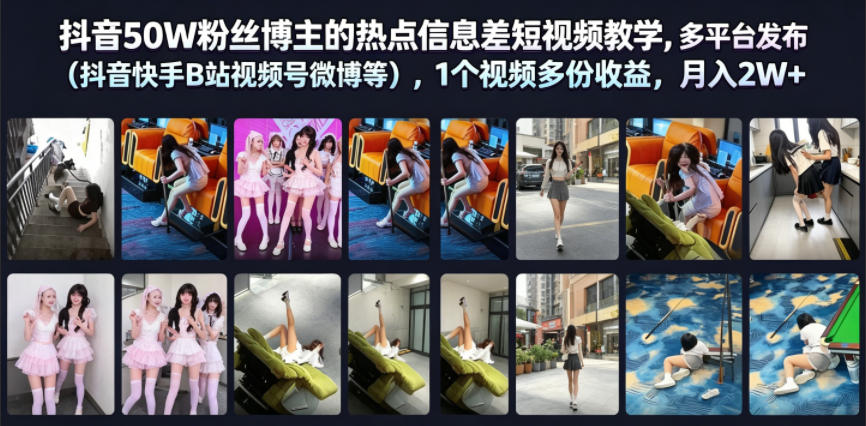 抖音50W粉丝博主的热点信息差教学，多平台发布（抖音快手B站视频号微博等），1个视频多份收益，月入2W+-小灰云创