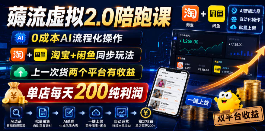 薅流虚拟2.0陪跑课,0成本AI流程化操作,淘宝+闲鱼同步玩法,上一次货两个平台有收益,单店每天200纯利润-小灰云创