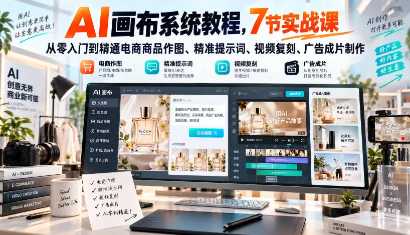 AI画布系统教程，7节实战课从零入门到精通电商商品作图、精准提示词、视频复刻、广告成片制作-小灰云创