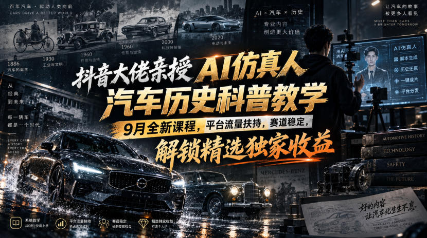 抖音大佬亲授AI仿真人汽车历史科普教学,9月全新课程,平台流量扶持,赛道稳定,解锁精选独家收益-小灰云创