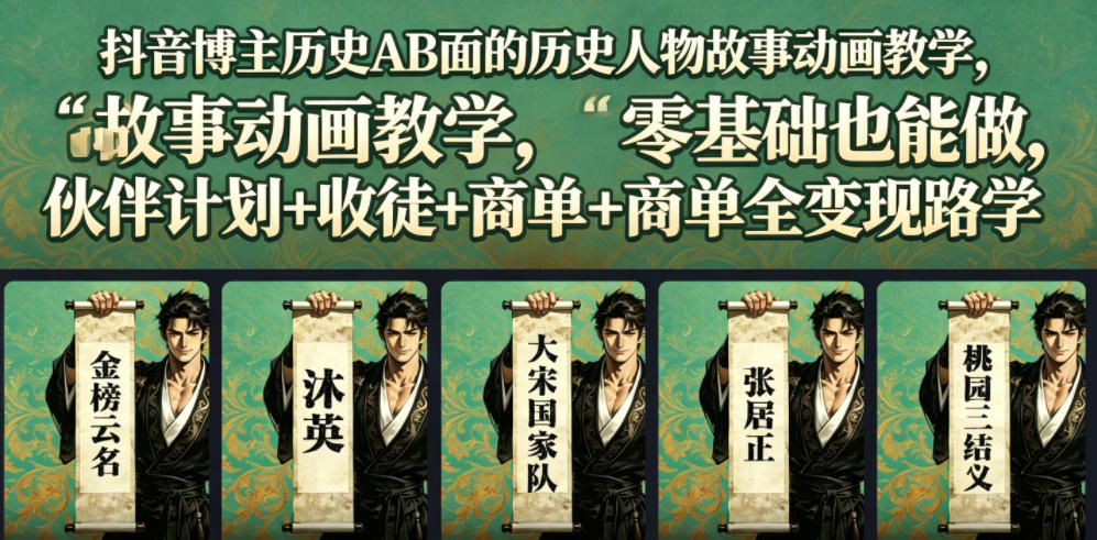 抖音博主历史AB面的历史人物故事动画教学,零基础也能做,伙伴计划+收徒+商单全变现路径教学-小灰云创