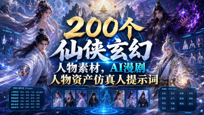 200个仙侠玄幻人物素材,AI漫剧人物资产仿真人提示词-小灰云创