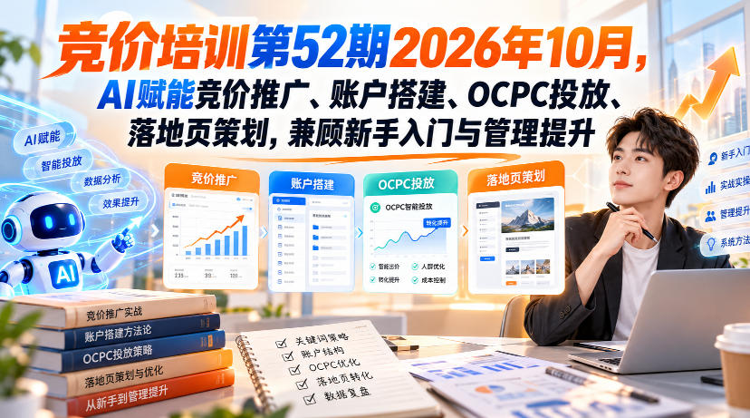 【无水印】竞价培训第52期2026年10月,AI赋能竞价推广、账户搭建、OCPC投放、落地页策划,兼顾新手入门与管理提升 【无水印】竞价培训第52期2026年10月,AI赋能竞价推广、账户搭建、OCPC投放、落地页策划,兼顾新手入门与管理提升