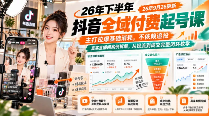 26年下半年抖音全域付费起号课26年9月26更新,主打拉爆基础消耗,不依赖追投,真实直播间案例拆解,从投流到成交完整闭环教学-小灰云创