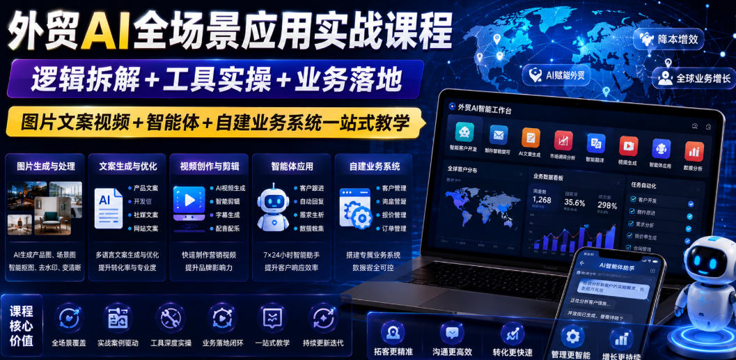 外贸AI全场景应用实战课程｜逻辑拆解+工具实操+业务落地，图片文案视频+智能体+自建业务系统一站式教学-小灰云创