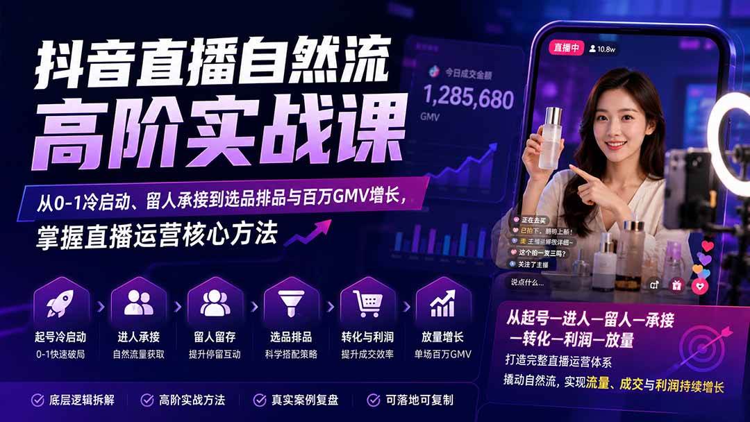 (20058期)抖音直播自然流高阶实战课:从0-1冷启动、留人承接到选品排品与百万GMV增长,掌握直播运营核心方法-小灰云创